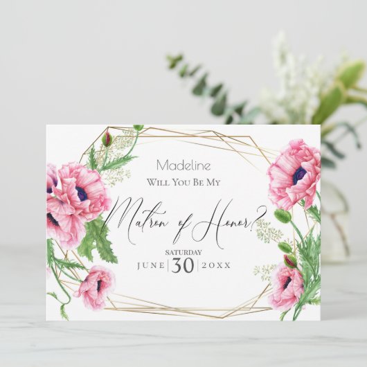Pink Poppies werden Sie meine Ehrenmatrone sein Einladung (Stehend Vorderseite)