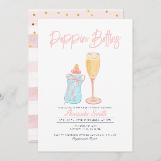 Pink Poppin Flaschen Invite Girl Baby Dusche Einladung (Vorne/Hinten)
