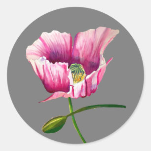 Pink Poppy Aquarell Blume hübsche Kunst Runder Aufkleber