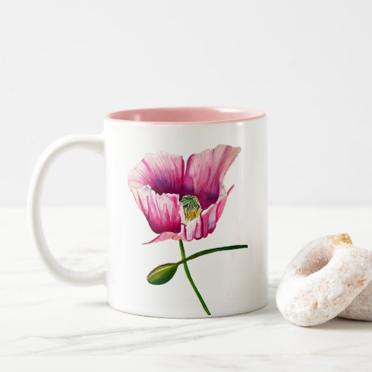 Pink Poppy Aquarell Blume hübsche Kunst Zweifarbige Tasse (Mit Donut)
