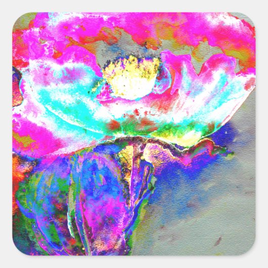 Pink Poppy, Blumenbemalung in Aquarellen Quadratischer Aufkleber (Vorderseite)