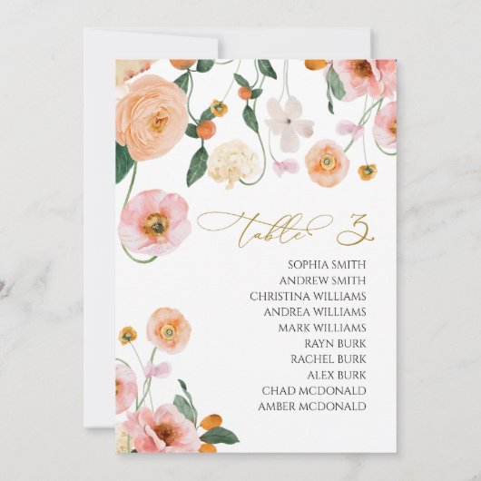 Pink Poppy Hochzeit Tischnummer 3 Sitzplan (Rückseite)