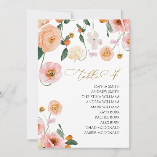Pink Poppy Hochzeit Tischnummer 4 Sitzplan (Vorderseite)