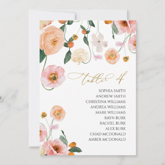 Pink Poppy Hochzeit Tischnummer 4 Sitzplan (Rückseite)