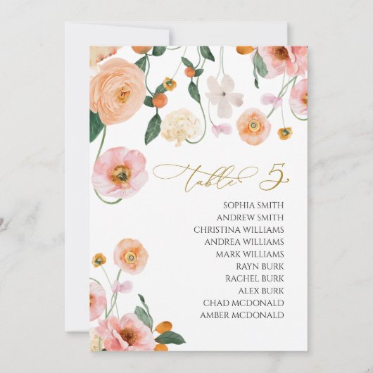 Pink Poppy Hochzeitsskizze Tischnummer 5 Sitzplake (Rückseite)
