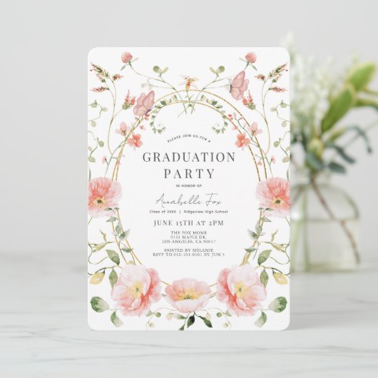 Pink Poppy Wildblumen Aquarell Abschluss Einladung (Stehend Vorderseite)