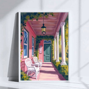 Pink Porch   Botanische Deck Blumige Wasserfarbe Poster