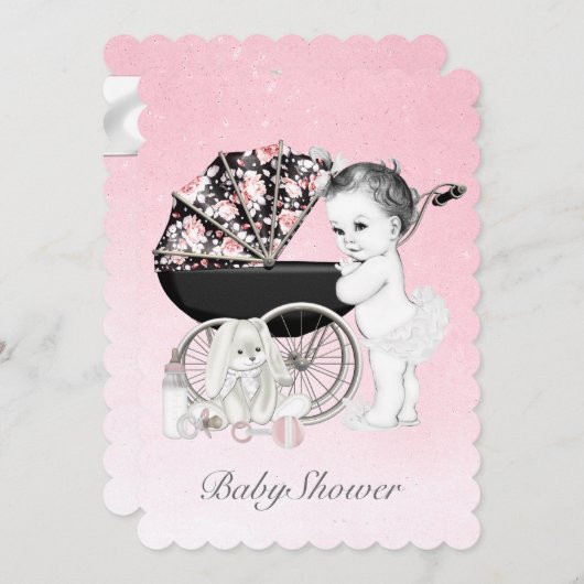 Pink Pram Babydusche Einladung (Vorne/Hinten)