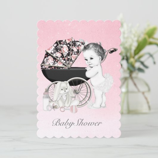 Pink Pram Babydusche Einladung (Stehend Vorderseite)