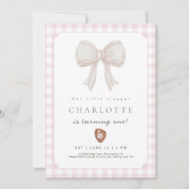 Pink Preppy Baseball Bow Birthday Invitation Dankeskarte