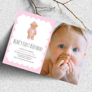 Pink Preppy Bear Beary Erster Geburtstag Foto Einladung
