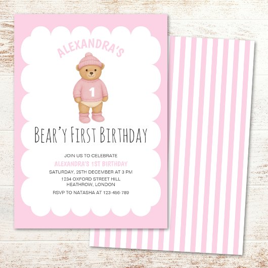 Pink Preppy Bear Beary First Birthday Invitation Einladung