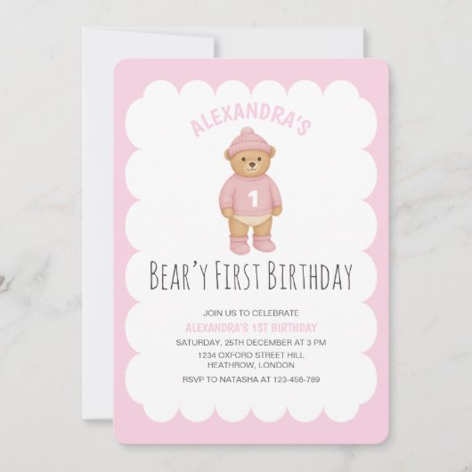 Pink Preppy Bear Beary First Birthday Invitation Einladung (Vorderseite)