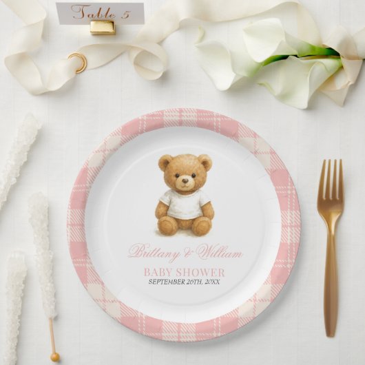 Pink Preppy Bear Elegante Karierte Babydusche Pappteller (Hochzeit)