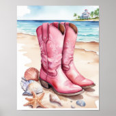 Pink Preppy Cowgirl Boots Sand Ocean Beach Poster (Vorne)