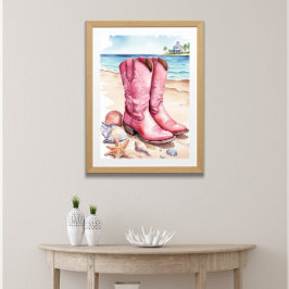 Pink Preppy Cowgirl Boots Sand Ocean Beach Poster