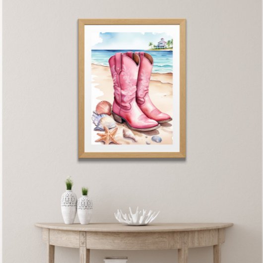 Pink Preppy Cowgirl Boots Sand Ocean Beach Poster