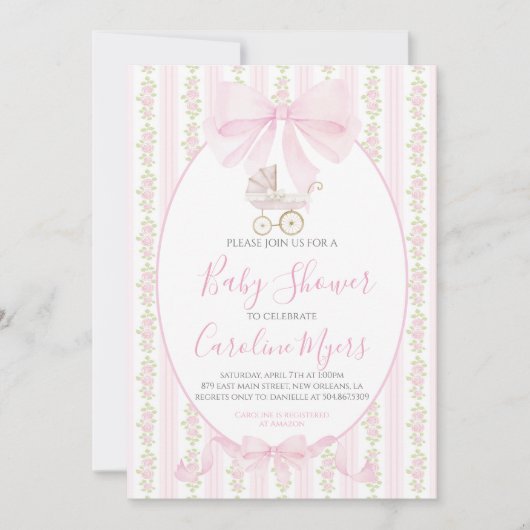 Pink Preppy Floral Coquette Baby Carriage Einladung (Vorderseite)