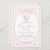 Pink Preppy Floral Coquette Baby Carriage Einladung (Vorne/Hinten)