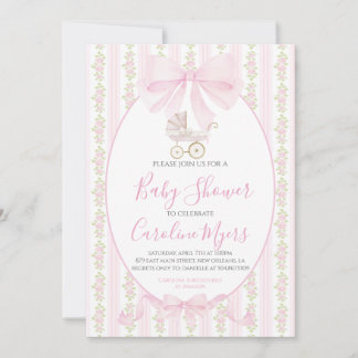 Pink Preppy Floral Coquette Baby Carriage Einladung