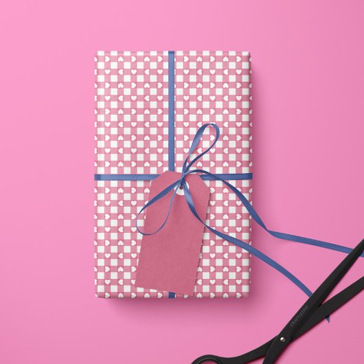 Pink Preppy Gingham Hearts- Wrapping Paper Roll Geschenkpapier