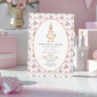 Pink Preppy One Silly Goose Bow 1st Birthday Einladung