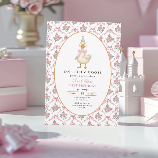 Pink Preppy One Silly Goose Bow 1st Birthday Einladung