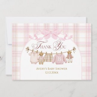 Pink Preppy Teddy Bear Girl Baby Shower Plaid Bow Dankeskarte