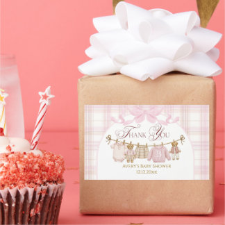 Pink Preppy Teddy Bear Girl Baby Shower Plaid Bow Rechteckiger Aufkleber