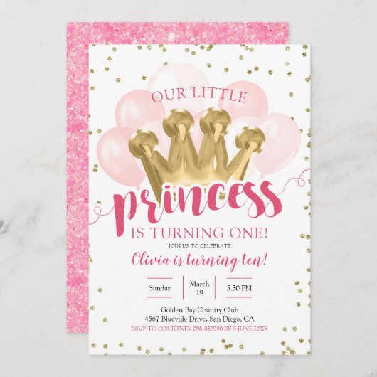 Pink Princess Balloon Einladung zum Geburtstag (Vorne/Hinten)