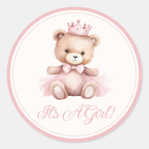 Pink Princess Bär Baby Mädchen Babyparty Runder Aufkleber
