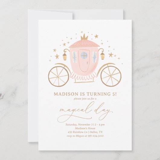 Pink Princess Carriage Girl Birthday Party Einladung (Vorderseite)
