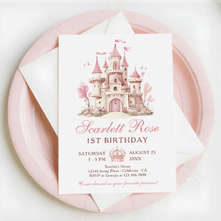 Pink Princess Castle Floral 1st Birthday Party Einladung