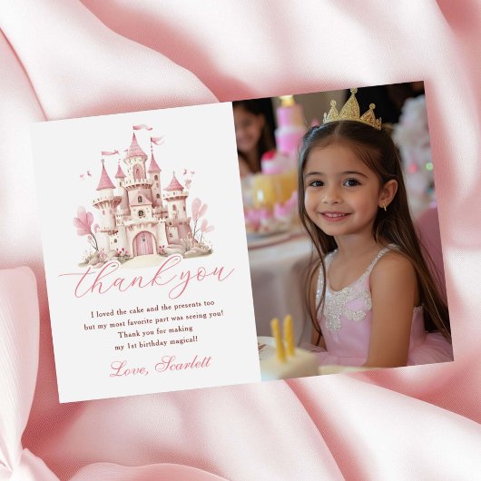 Pink Princess Castle Girl's Birthday Party Photo Dankeskarte