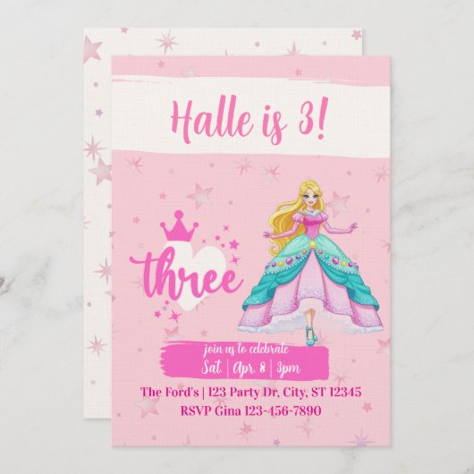 Pink Princess Doll, 3rd Birthday Einladung (Vorne/Hinten)