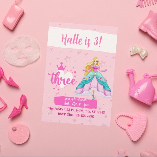 Pink Princess Doll, 3rd Birthday Einladung