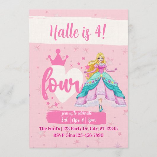 Pink Princess Doll, 4th Birthday Einladung (Vorderseite)