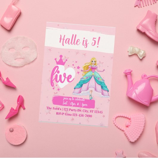 Pink Princess Doll, 5th Birthday Einladung