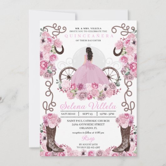 Pink Princess Dress & Boots Quinceañera Einladung (Vorderseite)
