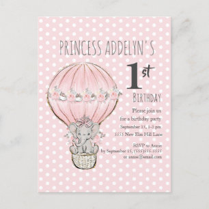 Pink Princess Elefant Luftballon Punkte 1. Geburts Einladungspostkarte