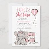 Pink Princess Elephant Child's 1st Birthday Party Einladung (Vorderseite)