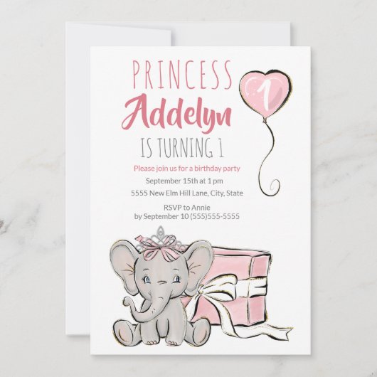 Pink Princess Elephant Child's 1st Birthday Party Einladung (Vorderseite)