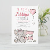 Pink Princess Elephant Child's 1st Birthday Party Einladung (Stehend Vorderseite)