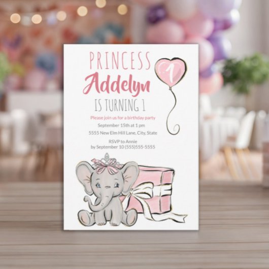 Pink Princess Elephant Child's 1st Birthday Party Einladung