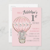 Pink Princess Elephant Heißluftballon Ballon Einladungspostkarte (Vorne/Hinten)