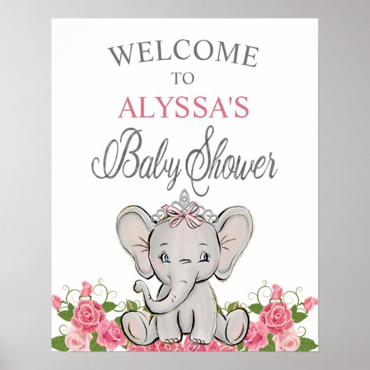 Pink Princess Elephant Tiara Baby Dusche Empfang Poster (Vorne)