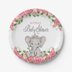 Pink Princess Elephant Tiara Girl Babydusche Pappteller