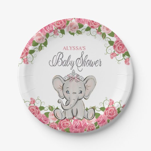 Pink Princess Elephant Tiara Girl Babydusche Pappteller (Vorderseite)