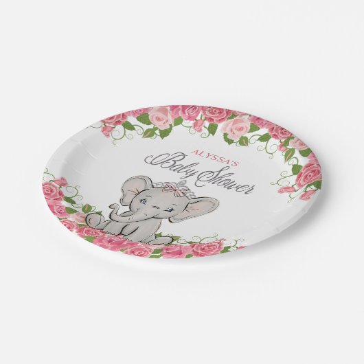 Pink Princess Elephant Tiara Girl Babydusche Pappteller (Schrägansicht)