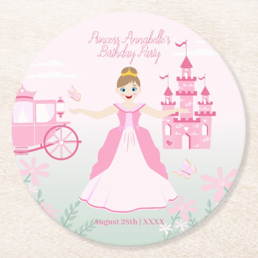Pink Princess Fantasy Birthday Party Runder Pappuntersetzer (Vorderseite)
